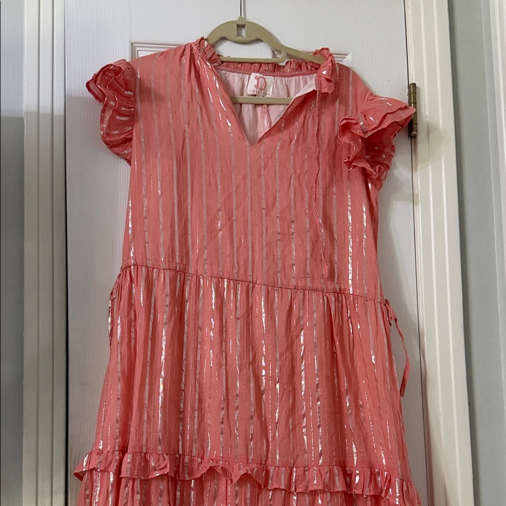 Victoria Dunn Coral Dress with Metallic Stripes